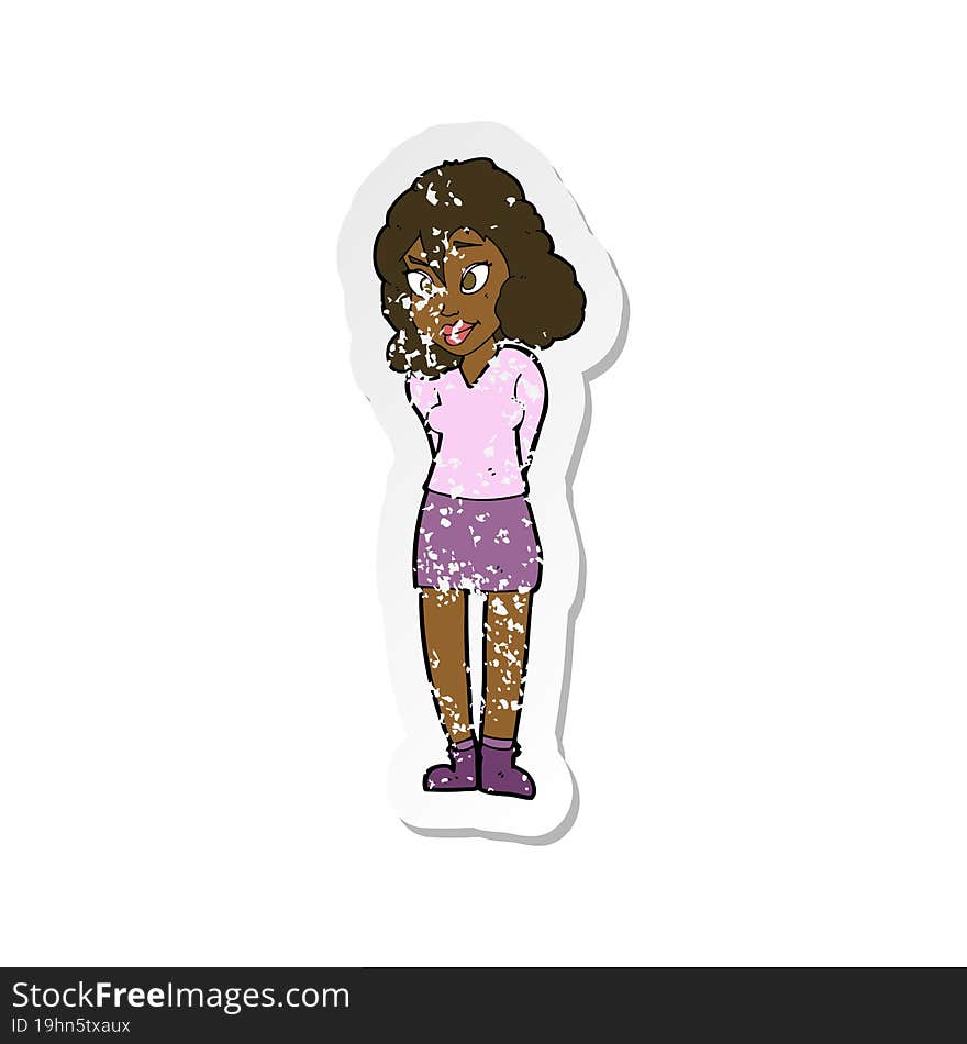 retro distressed sticker of a cartoon confused woman