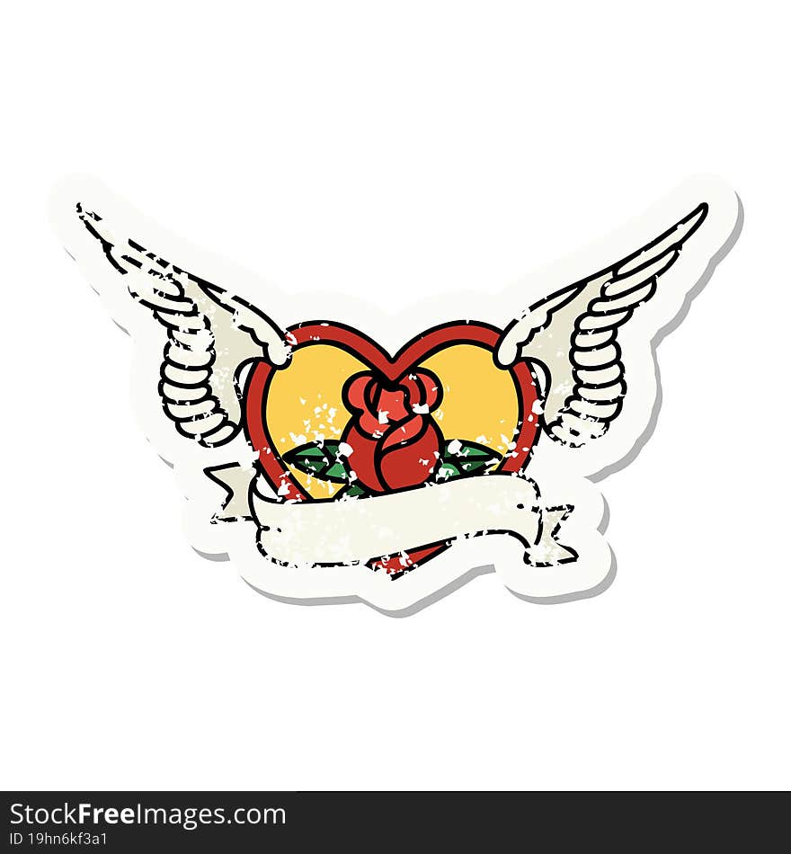 distressed sticker tattoo in traditional style of a flying heart with flowers and banner. distressed sticker tattoo in traditional style of a flying heart with flowers and banner