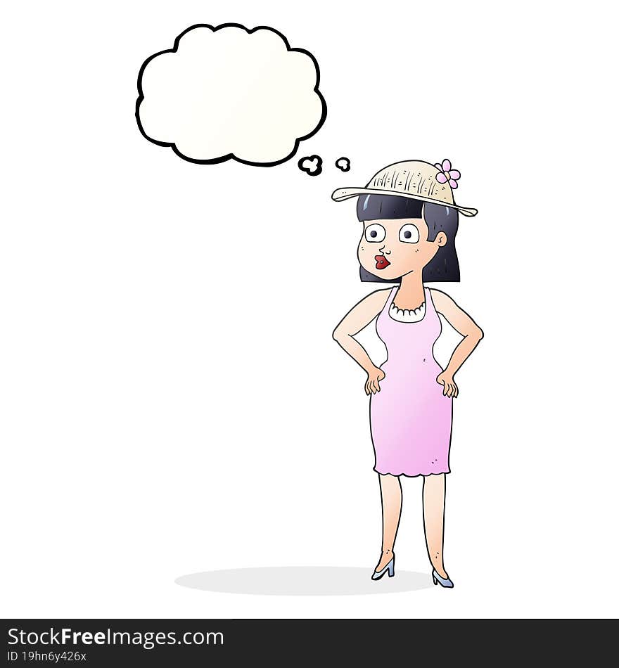 freehand drawn thought bubble cartoon woman wearing sun hat