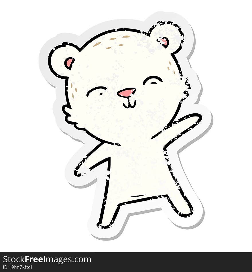 distressed sticker of a happy cartoon polar bear pointing