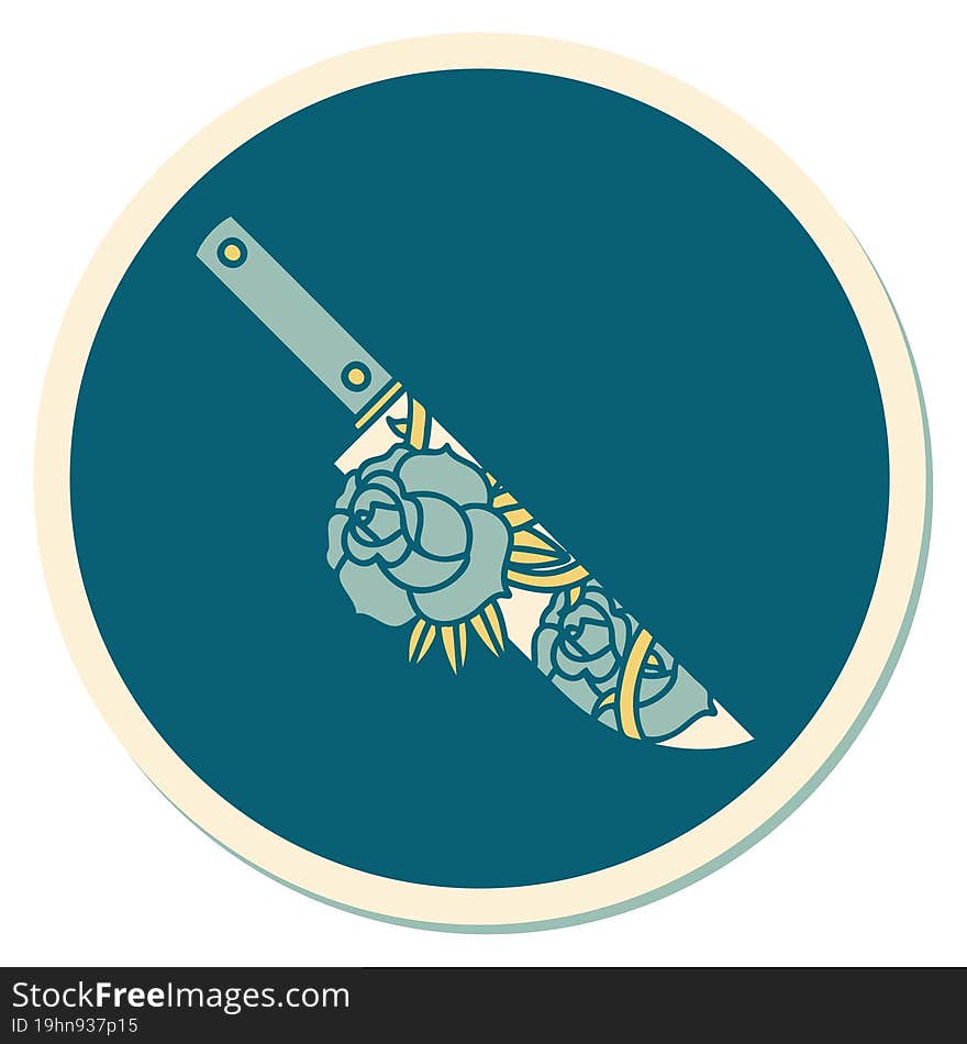 sticker of tattoo in traditional style of a dagger and flowers. sticker of tattoo in traditional style of a dagger and flowers