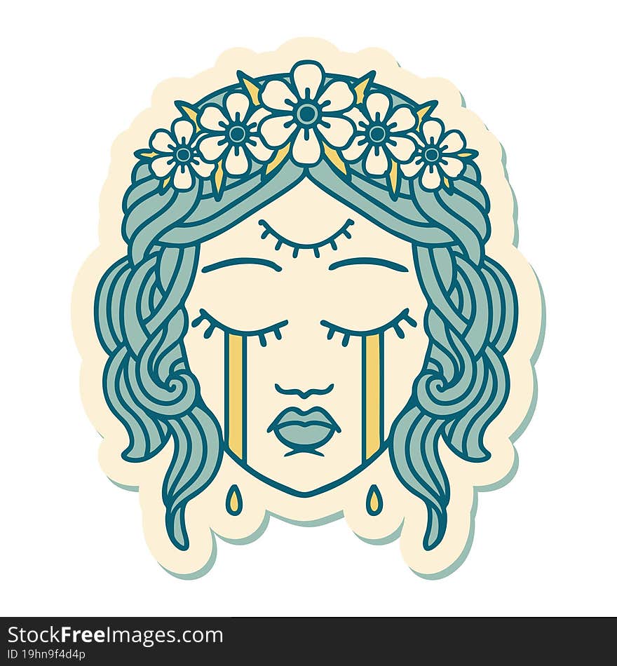 tattoo style sticker of female face crying with third eye