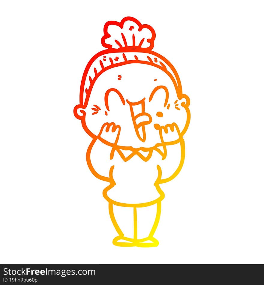 warm gradient line drawing of a cartoon happy old woman