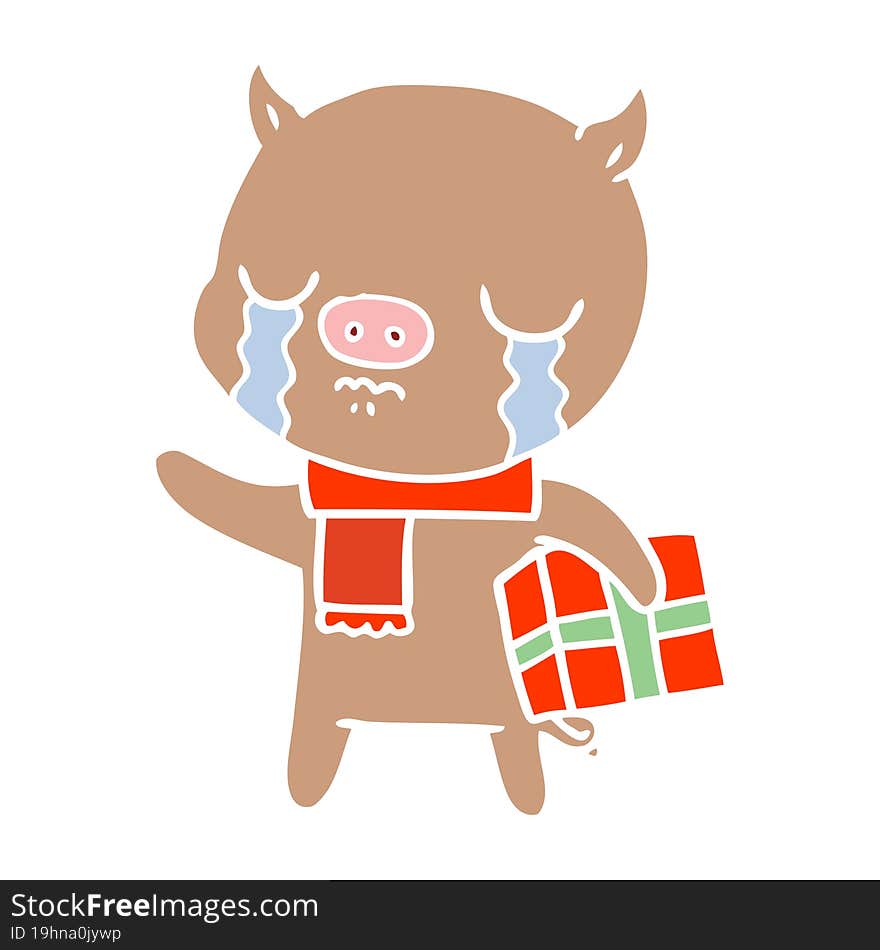 flat color style cartoon pig crying over christmas present