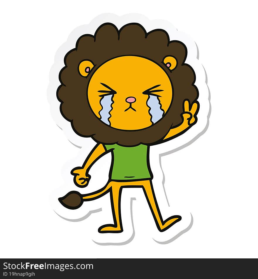 sticker of a cartoon crying lion giving peace sign