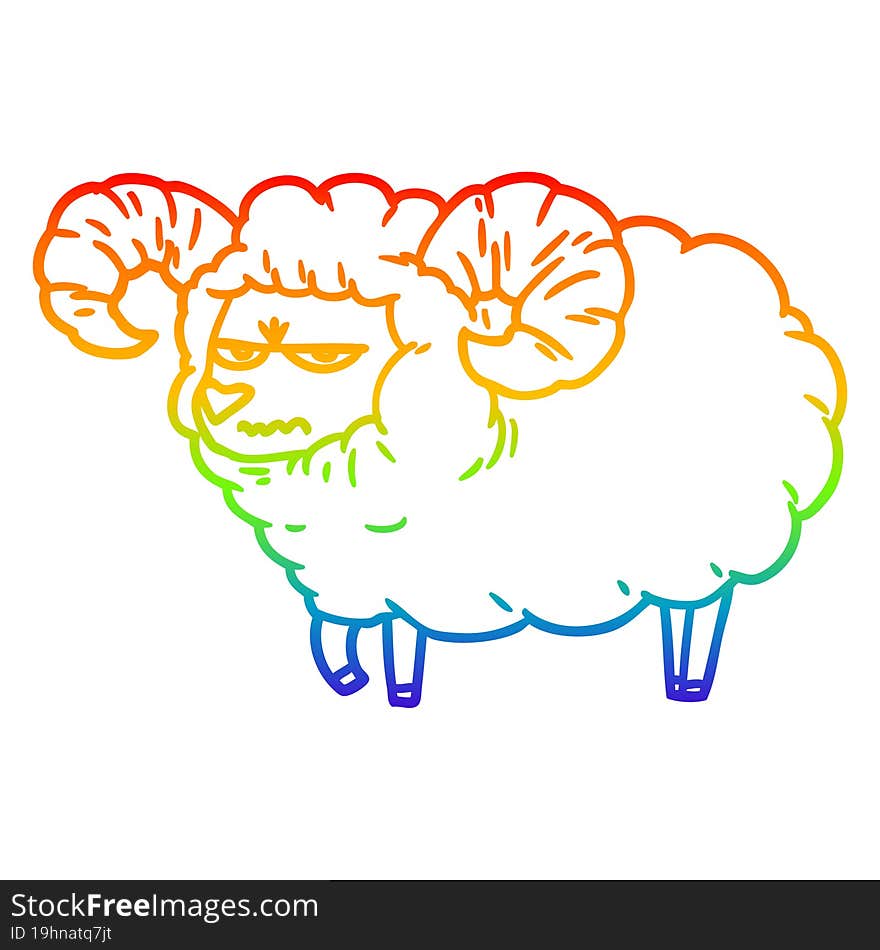 rainbow gradient line drawing of a cartoon angry ram