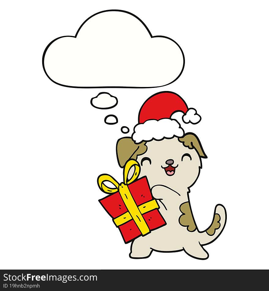 cute cartoon puppy with christmas present and hat with thought bubble