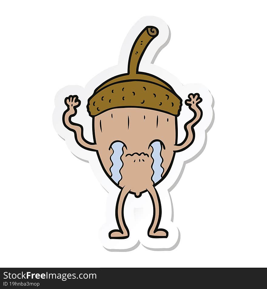 sticker of a cartoon crying acorn