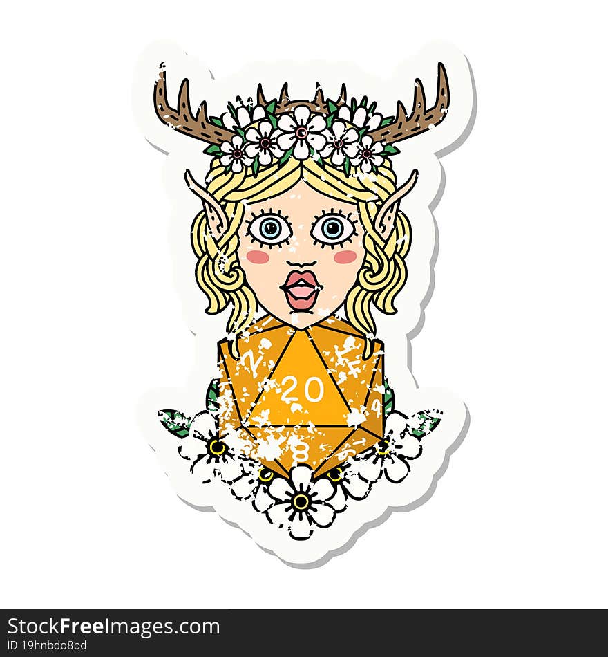 elf druid character with nautral twenty dice roll grunge sticker