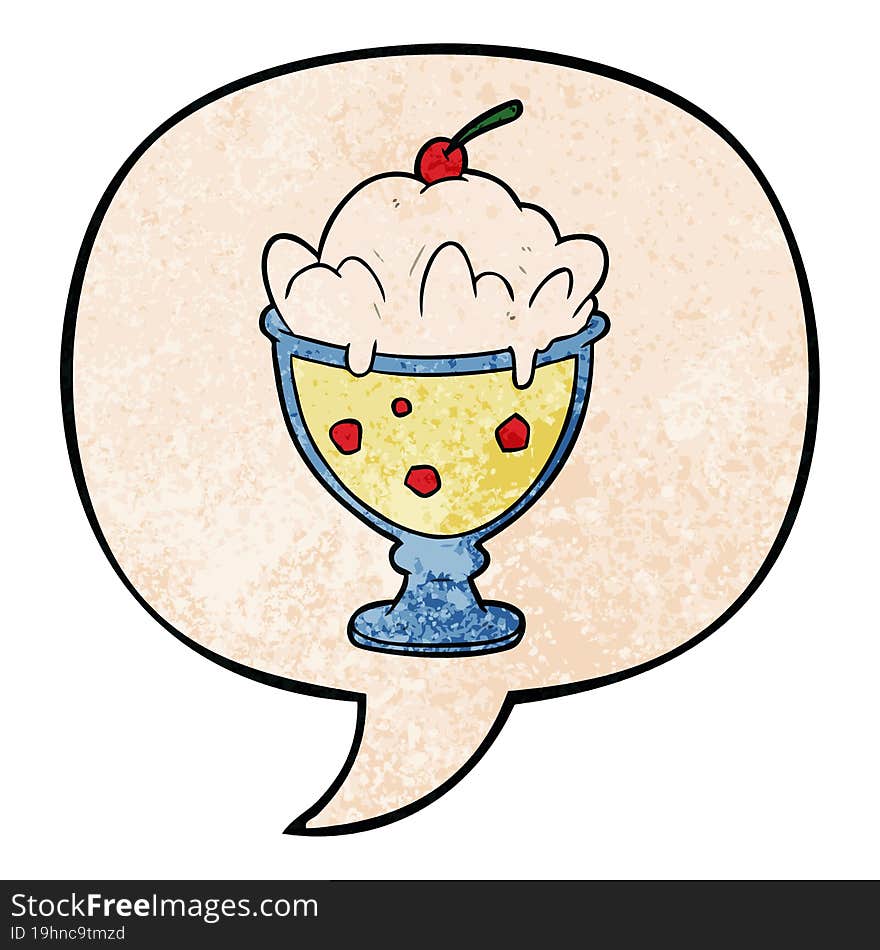 cartoon tasty dessert and speech bubble in retro texture style