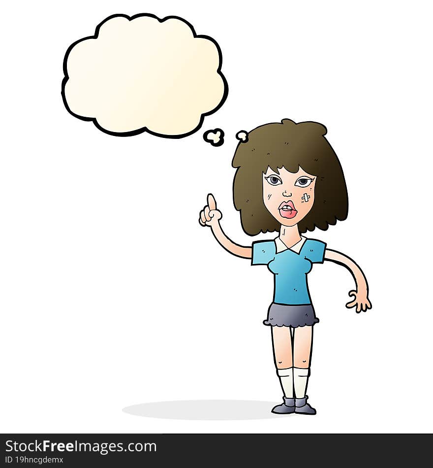 cartoon tough woman with idea with thought bubble