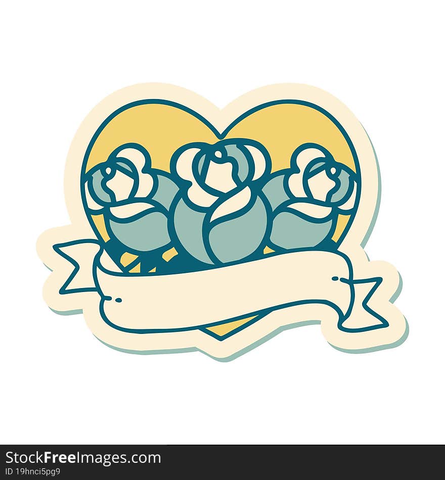 sticker of tattoo in traditional style of a heart and banner with flowers. sticker of tattoo in traditional style of a heart and banner with flowers