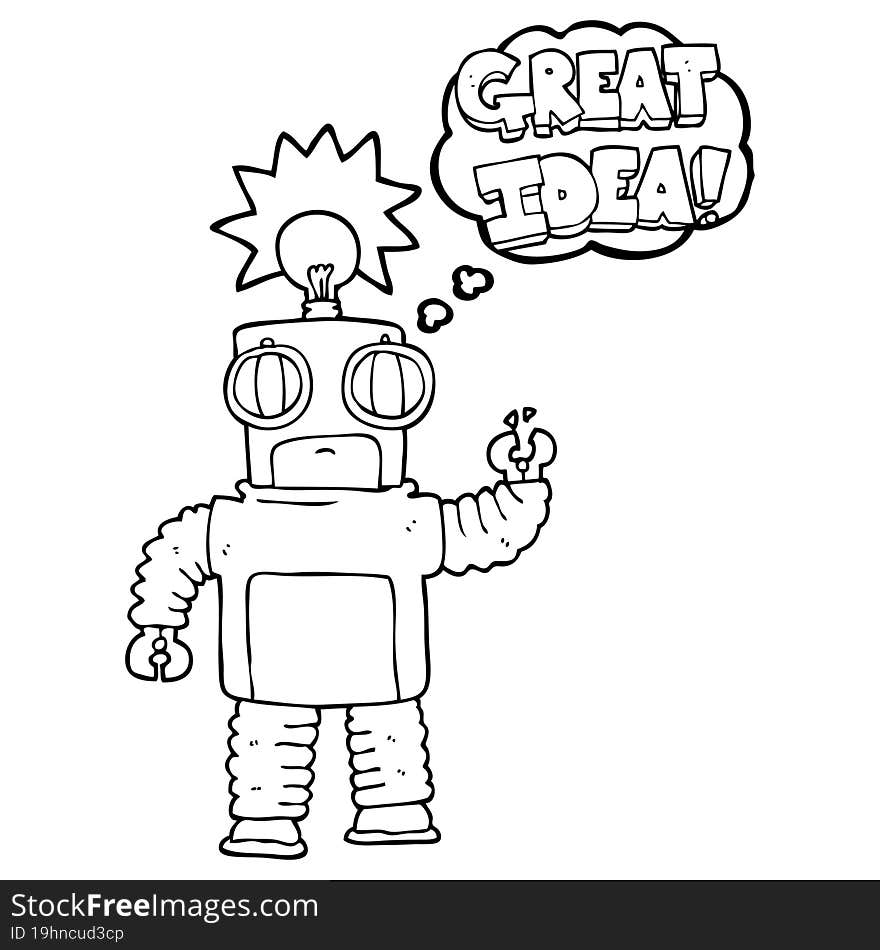 Thought Bubble Cartoon Robot With Great Idea