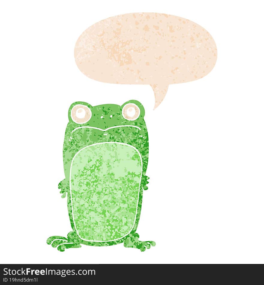 cartoon staring frog with speech bubble in grunge distressed retro textured style. cartoon staring frog with speech bubble in grunge distressed retro textured style