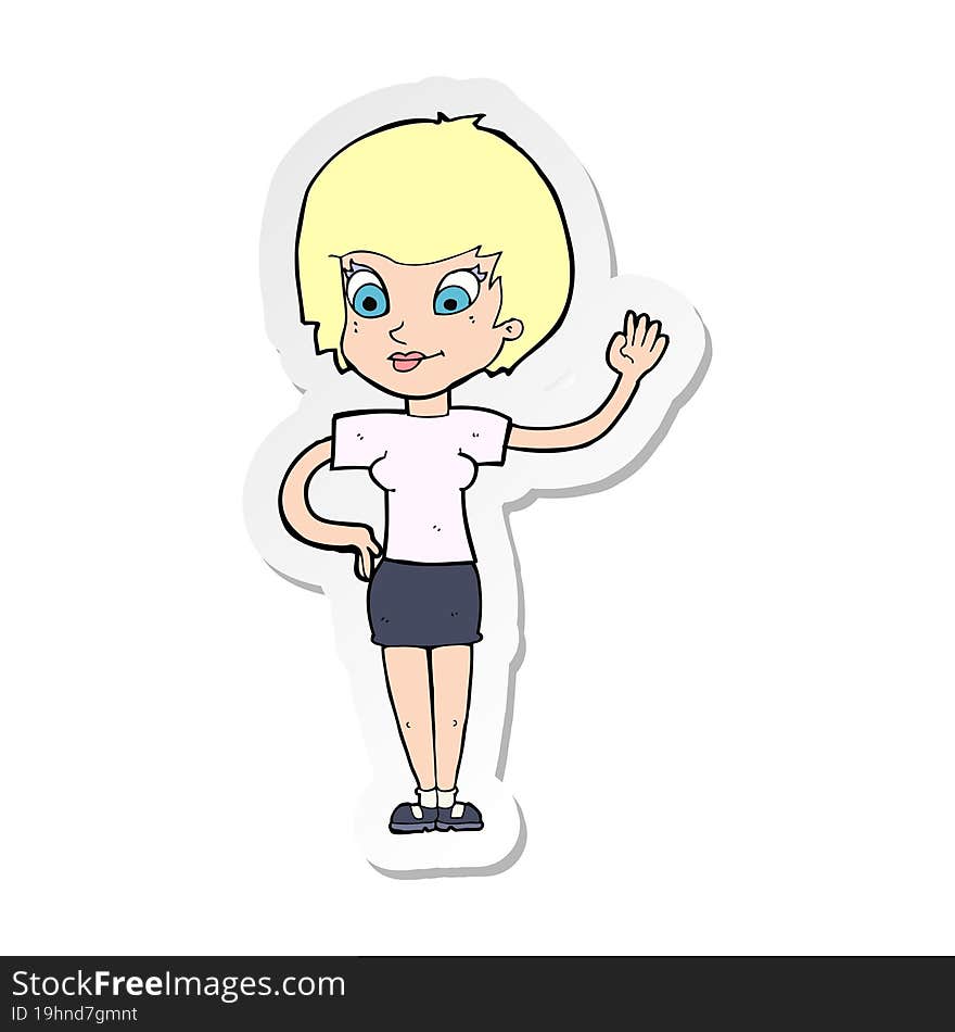 sticker of a cartoon woman waving