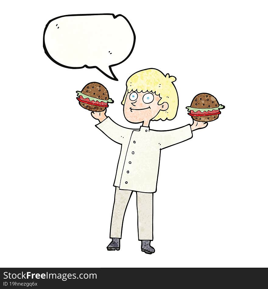 speech bubble textured cartoon chef with burgers