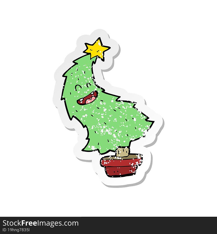 retro distressed sticker of a cartoon dancing christmas tree