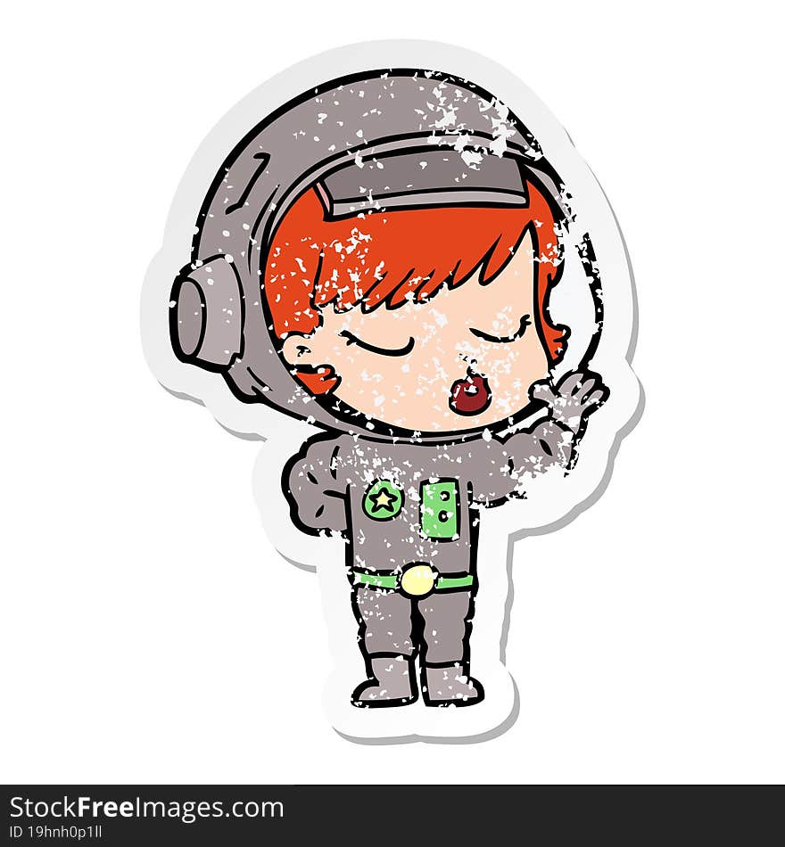 distressed sticker of a cartoon pretty astronaut girl