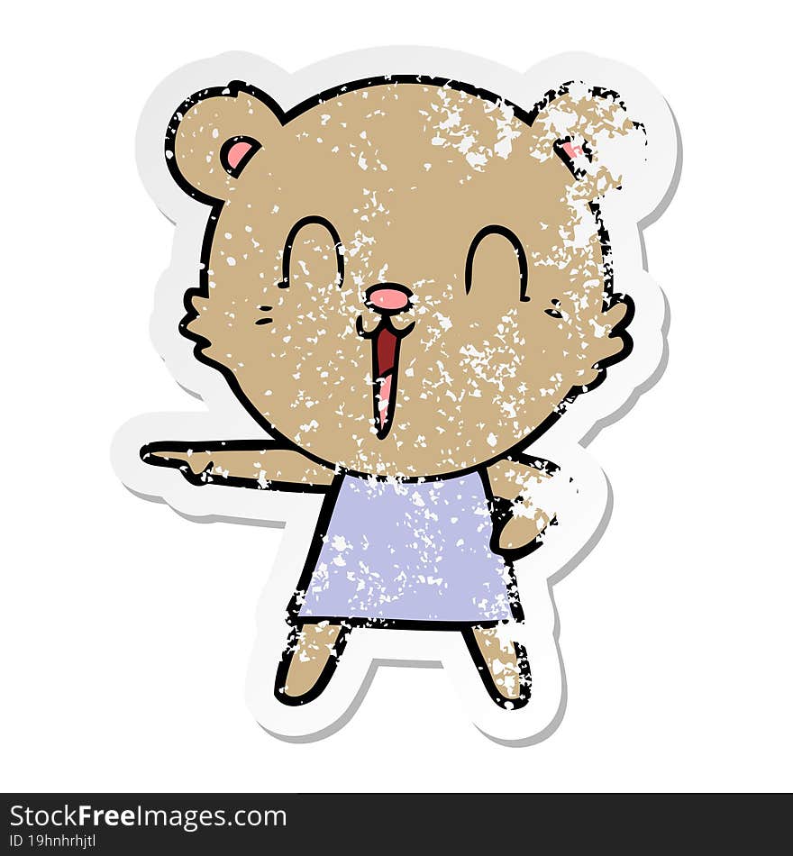 distressed sticker of a happy cartoon bear pointing