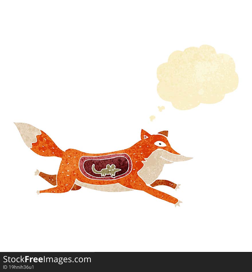 cartoon fox with mouse in belly with thought bubble