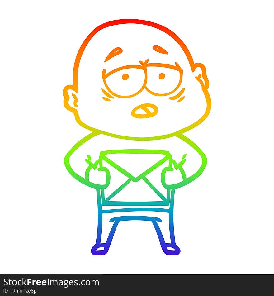 rainbow gradient line drawing cartoon tired bald man