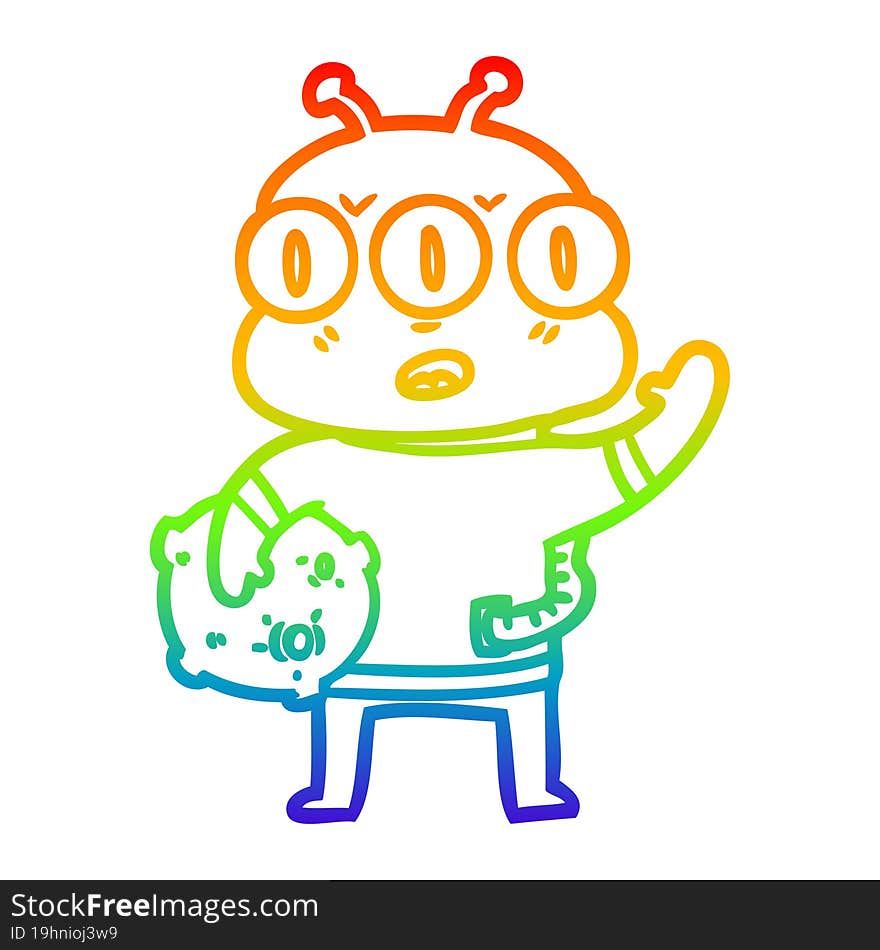 rainbow gradient line drawing cartoon three eyed alien waving