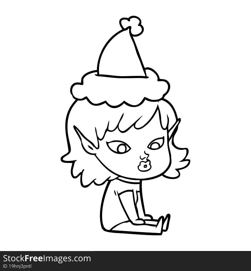 pretty line drawing of a elf girl wearing santa hat