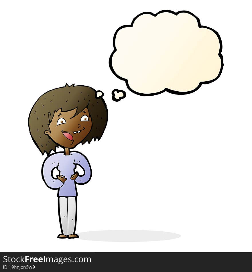 cartoon excited woman with thought bubble