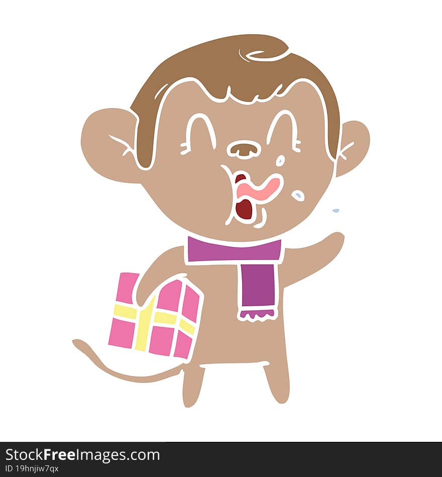 crazy flat color style cartoon monkey with christmas present