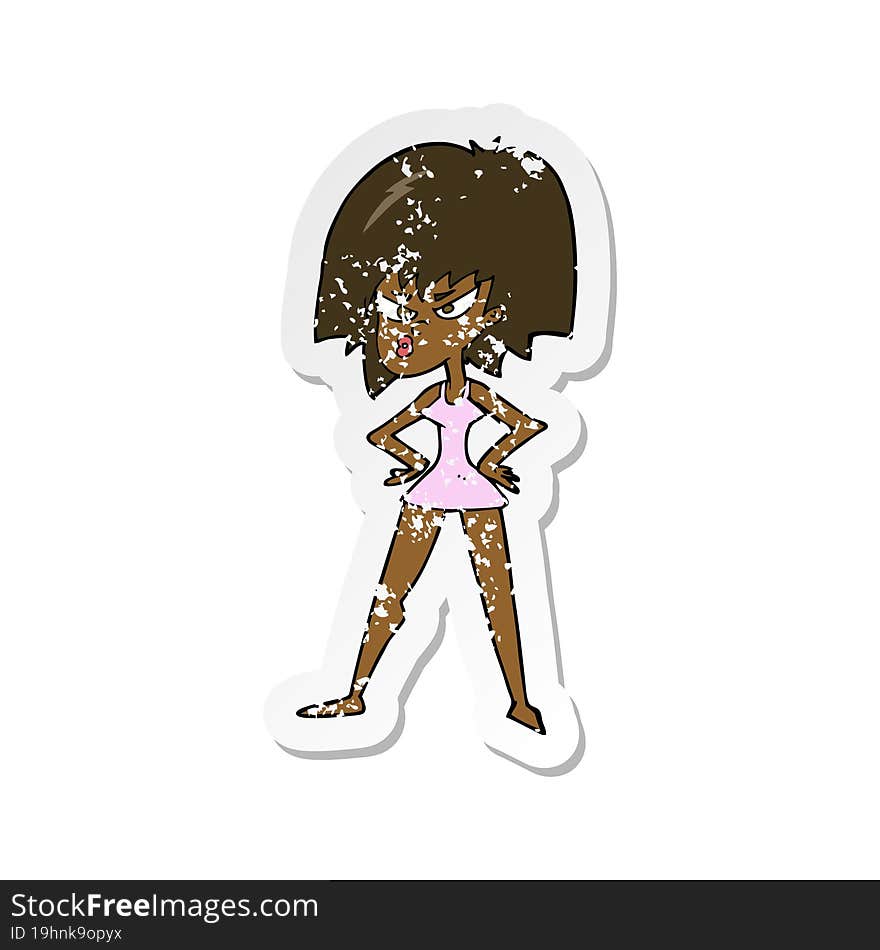 retro distressed sticker of a cartoon angry woman in dress