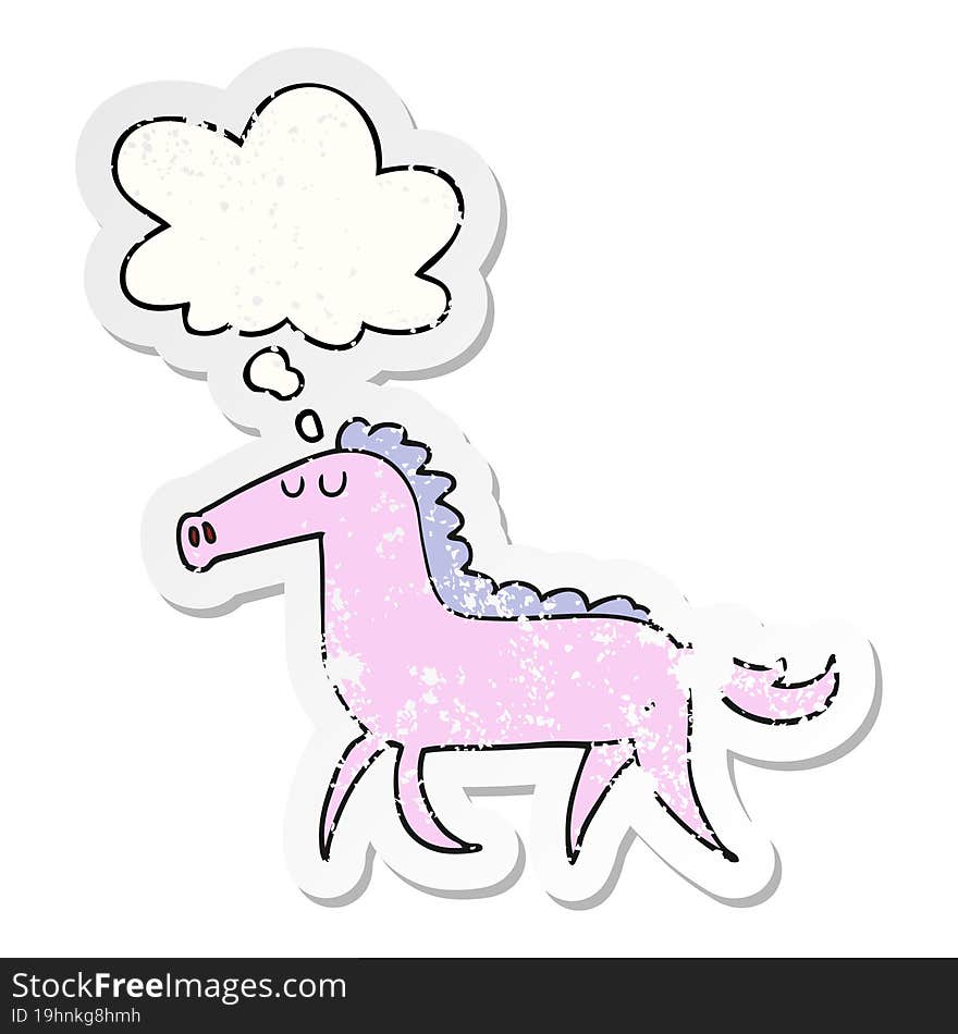 cartoon horse and thought bubble as a distressed worn sticker