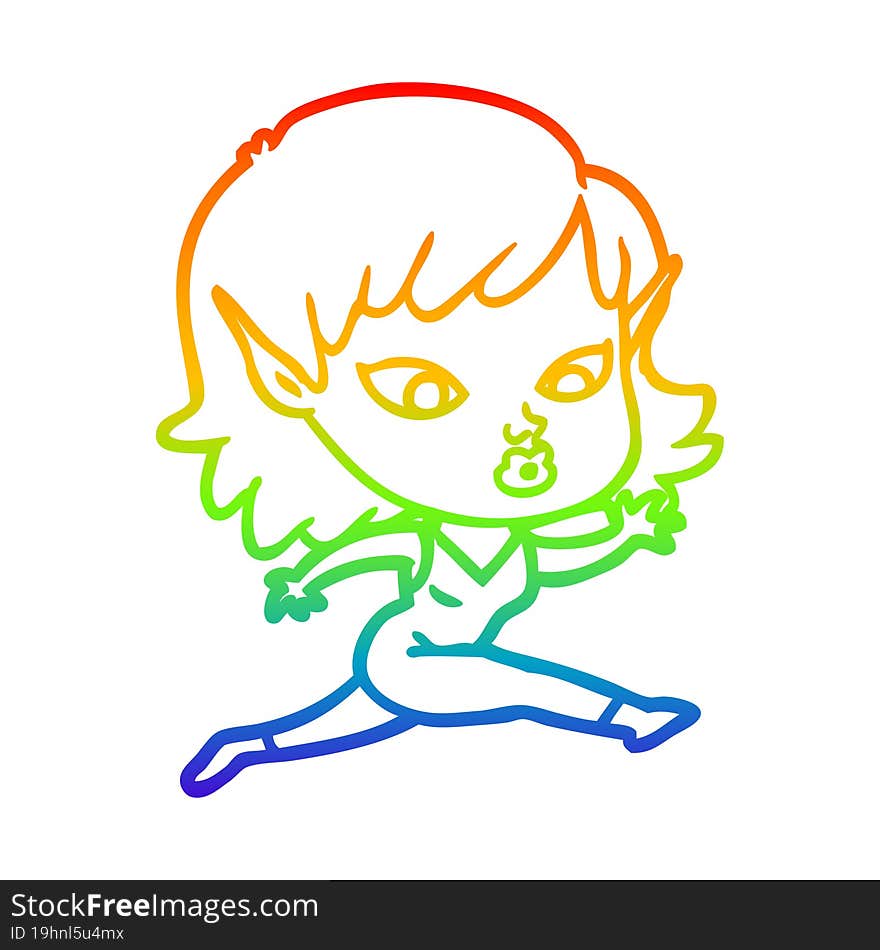 rainbow gradient line drawing pretty cartoon elf girl running