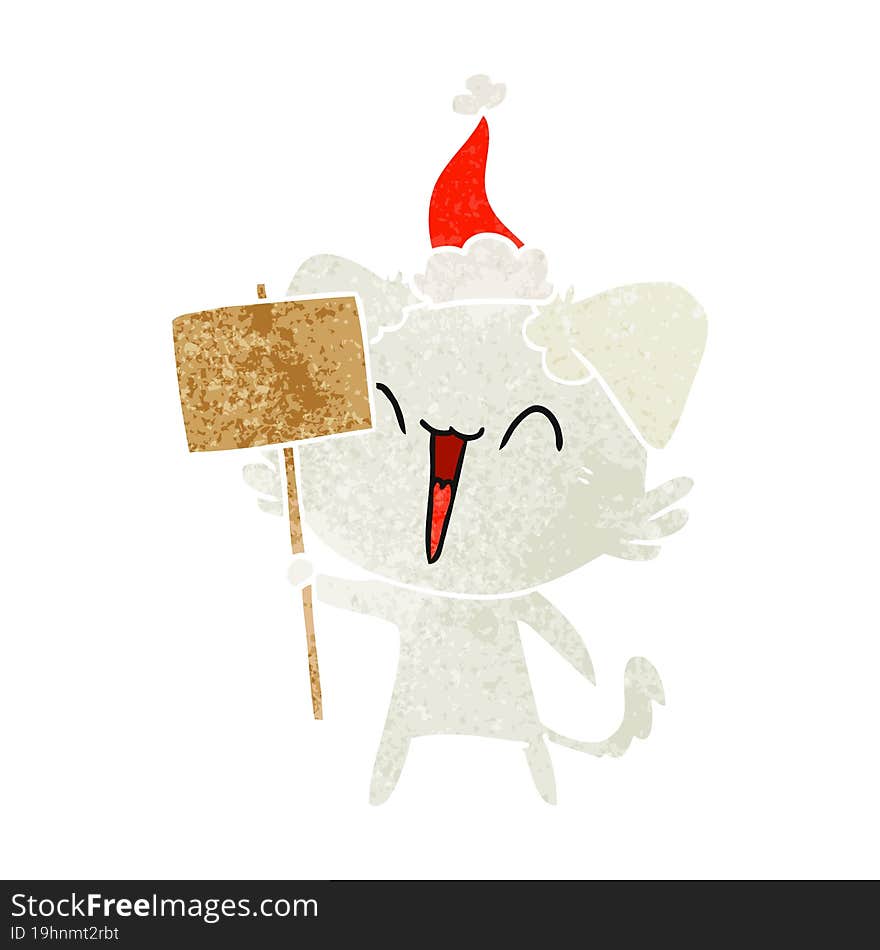 happy little retro cartoon of a dog holding sign wearing santa hat