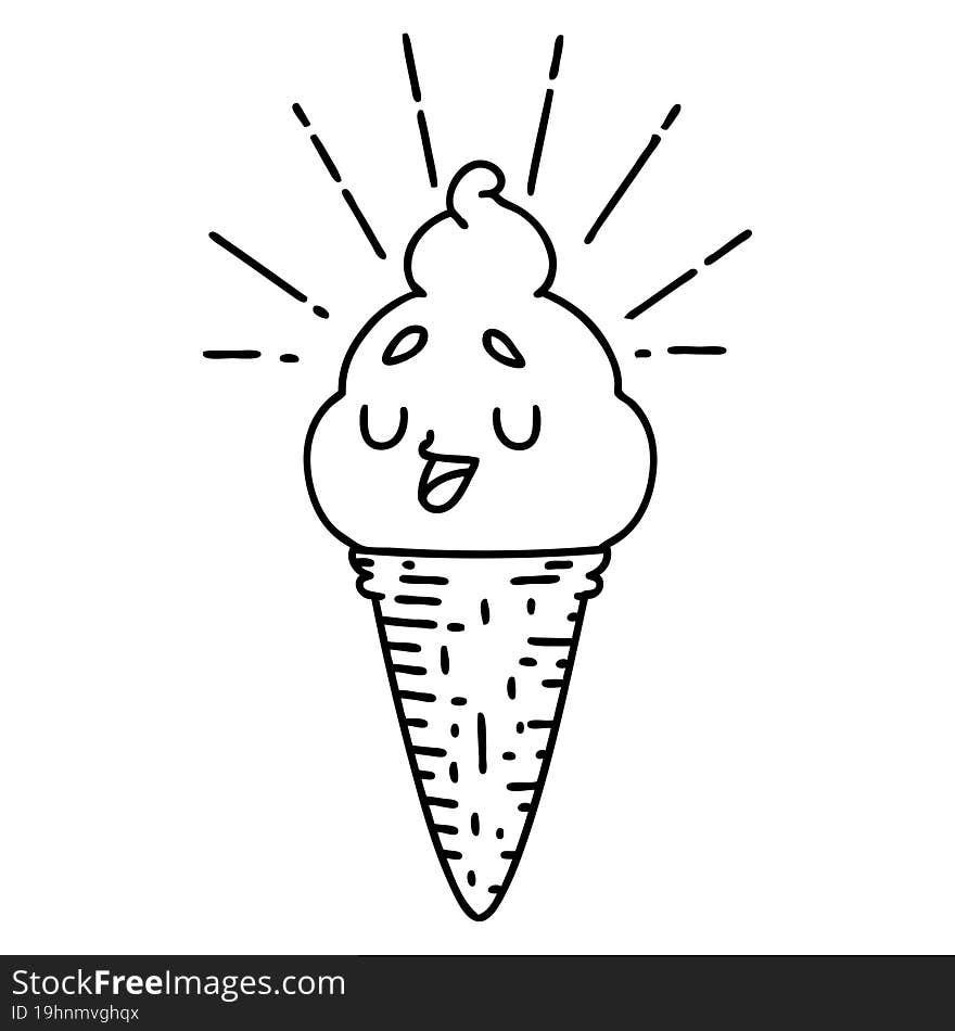 traditional black line work tattoo style ice cream character