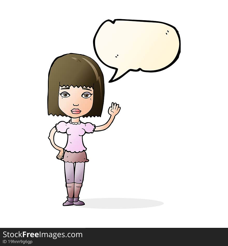 cartoon woman waving with speech bubble