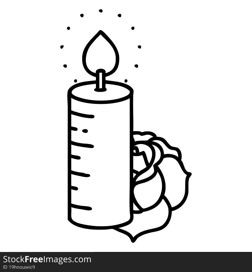 Black Line Tattoo Of A Candle And A Rose