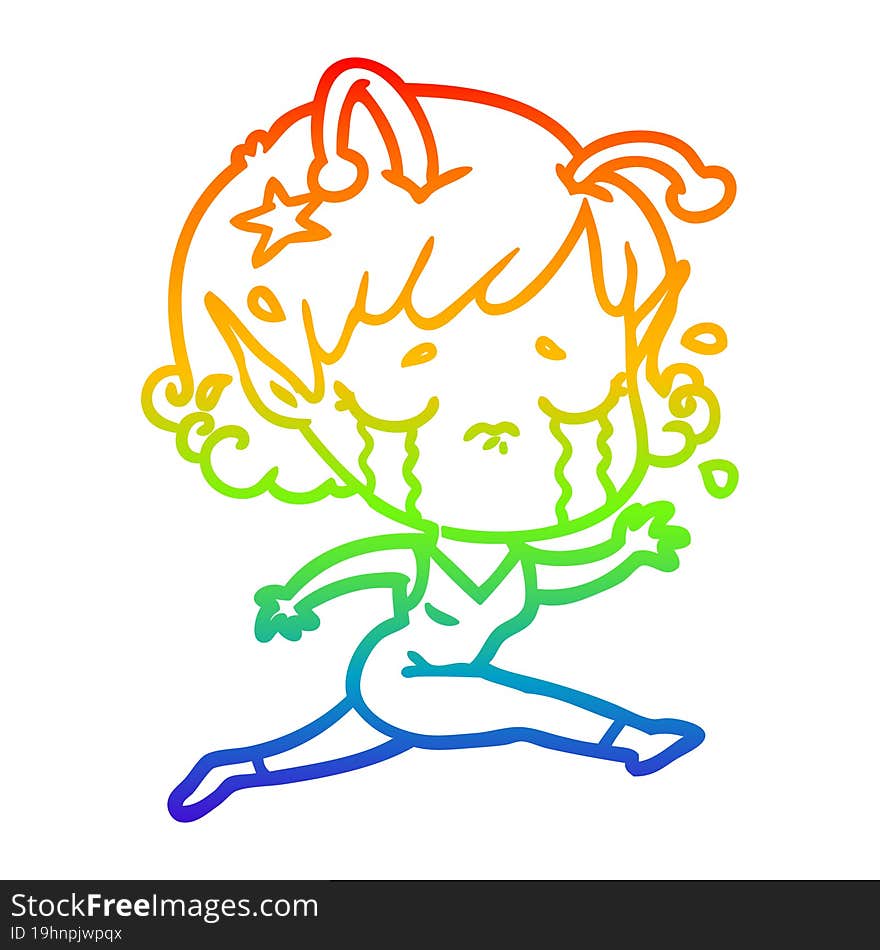 rainbow gradient line drawing of a cartoon crying alien girl