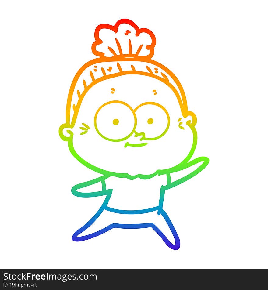 rainbow gradient line drawing of a cartoon happy old woman