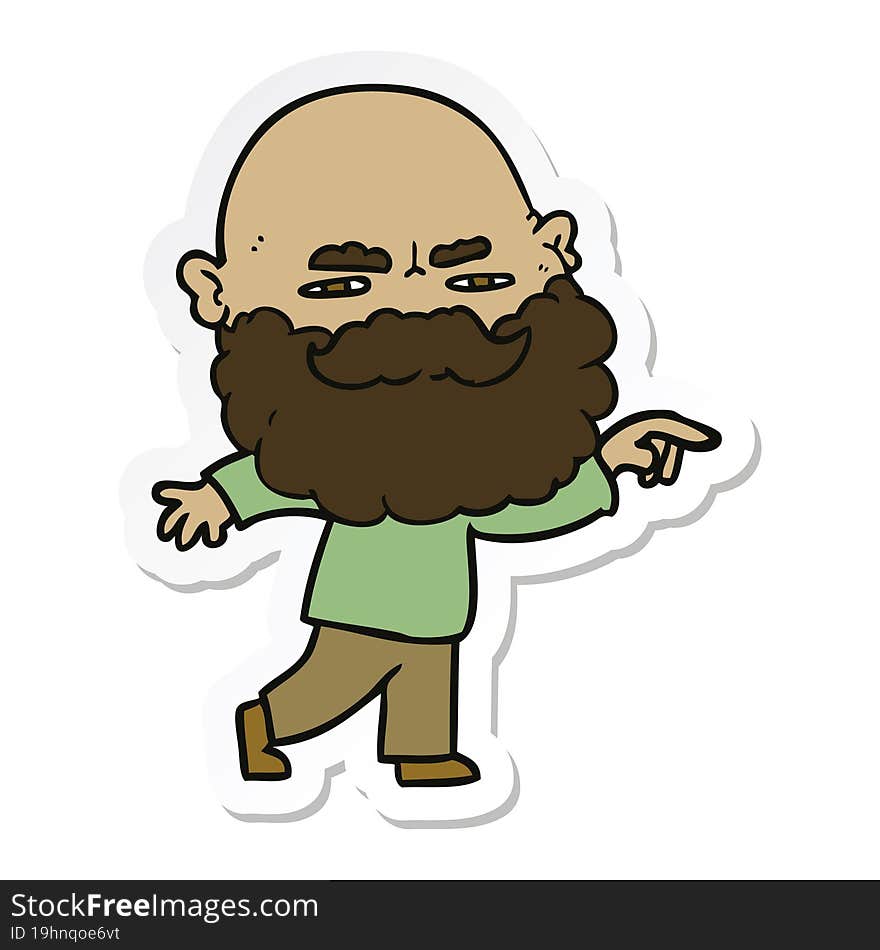 sticker of a cartoon man with beard frowning and pointing