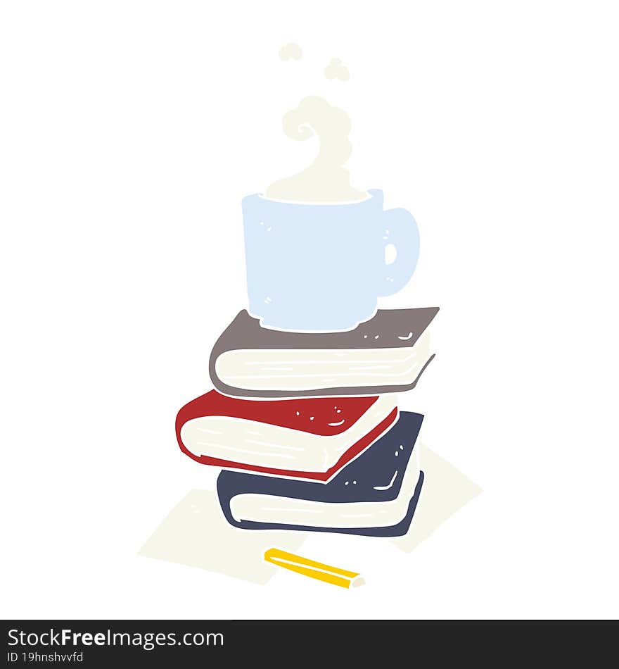 flat color illustration of books and coffee cup. flat color illustration of books and coffee cup