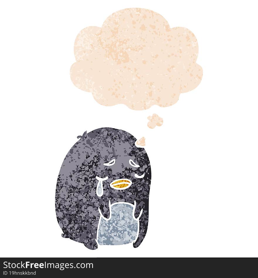 cartoon crying penguin and thought bubble in retro textured style