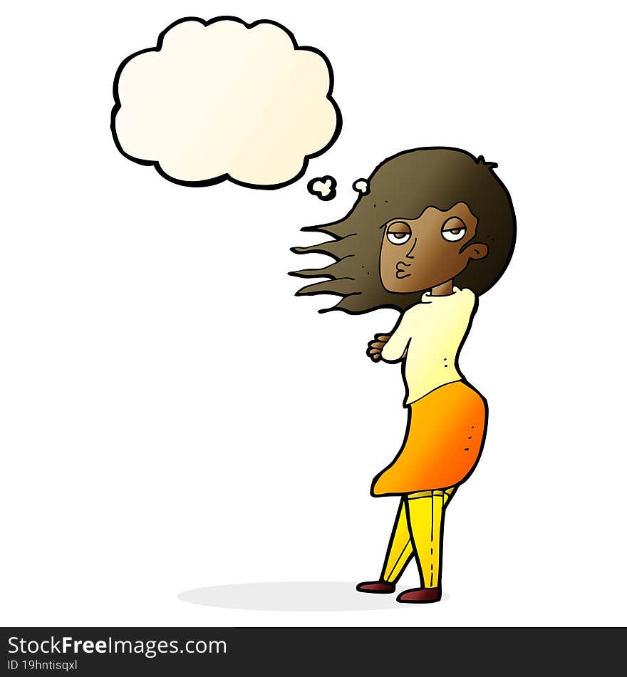 cartoon woman making photo face with thought bubble