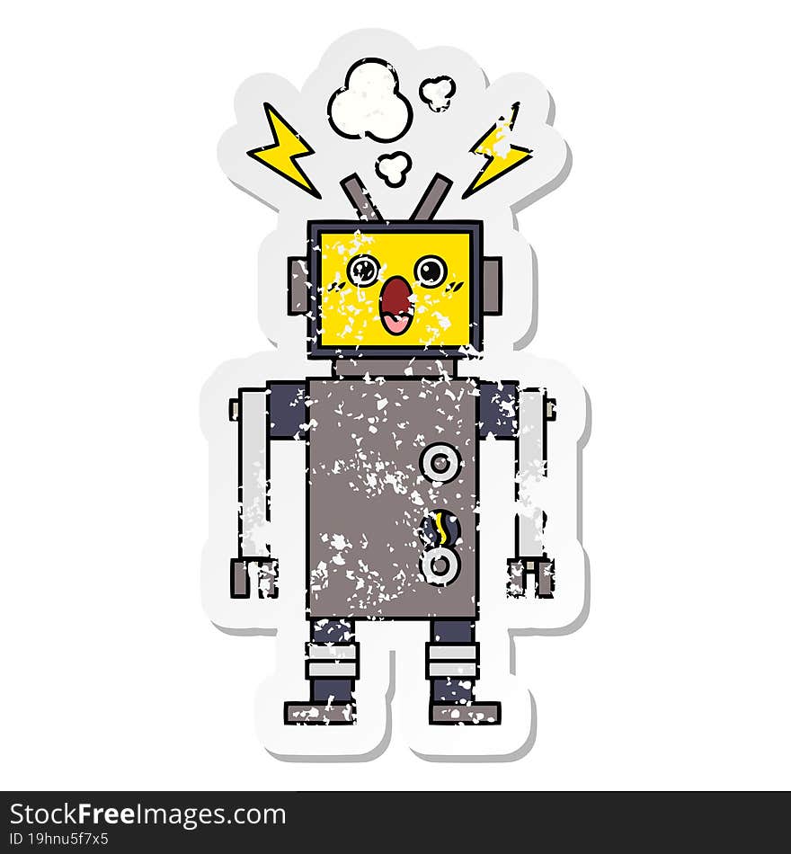 distressed sticker of a cute cartoon malfunctioning robot