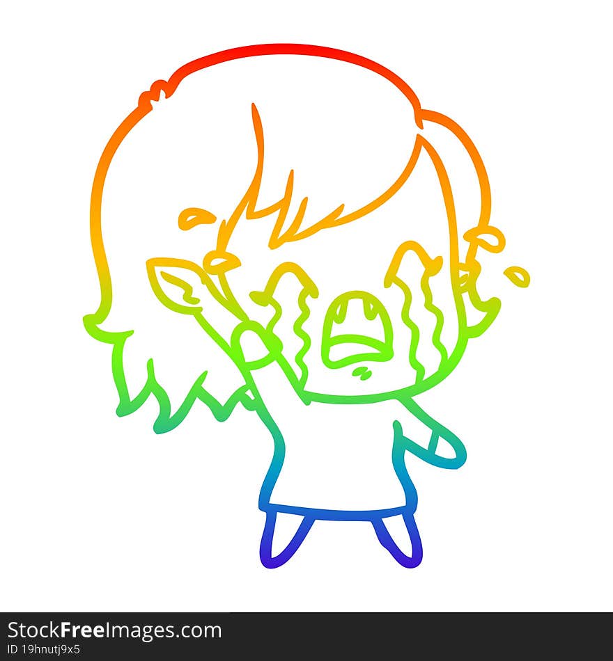 Rainbow Gradient Line Drawing Cartoon Crying Vampire Girl