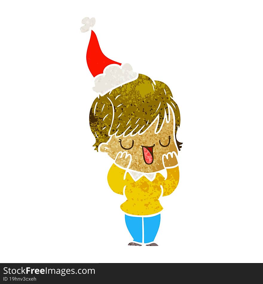 retro cartoon of a woman talking wearing santa hat