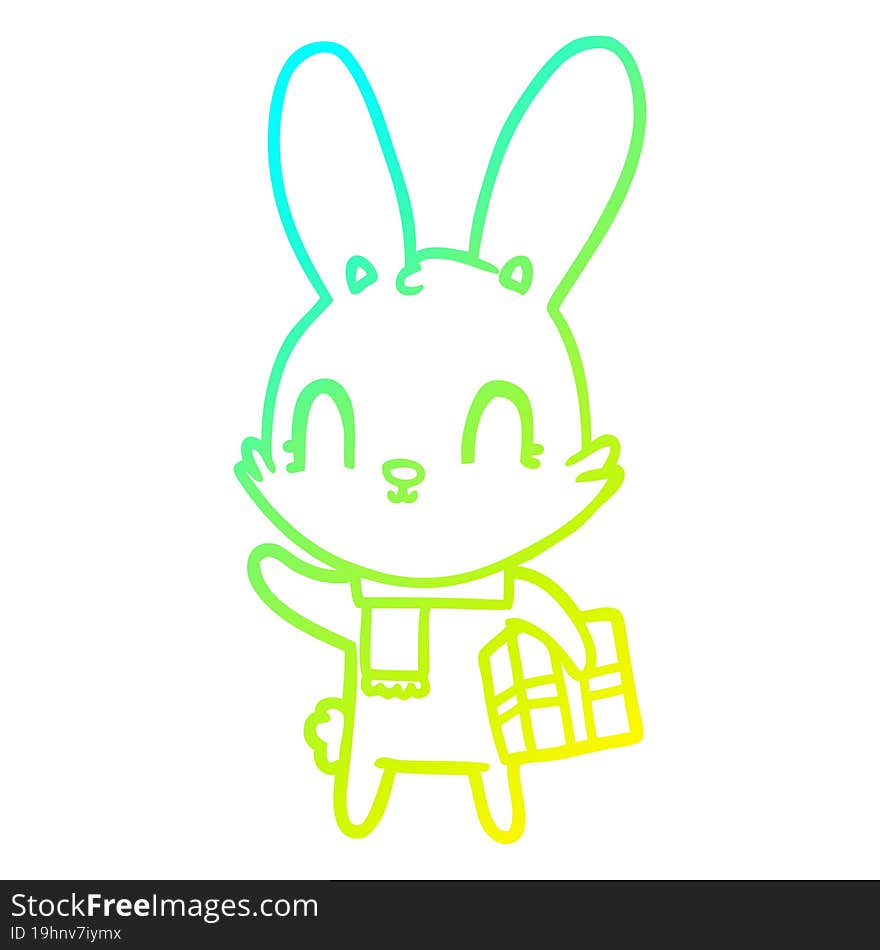 cold gradient line drawing cute cartoon rabbit with christmas present