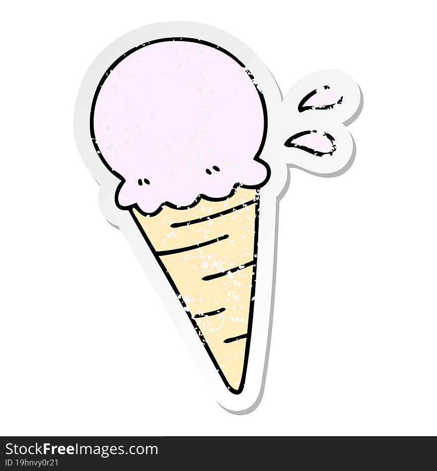 distressed sticker of a quirky hand drawn cartoon vanilla ice cream