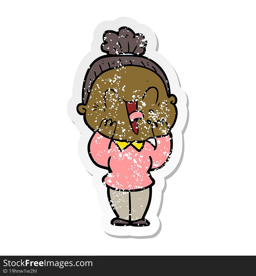 distressed sticker of a cartoon happy old woman