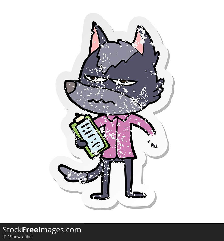 distressed sticker of a cartoon annoyed wolf