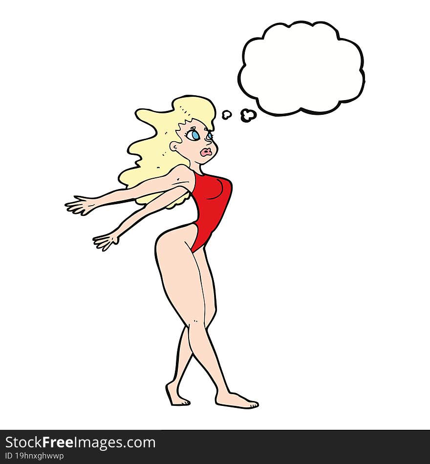 cartoon sexy woman in swimsuit with thought bubble